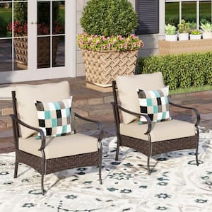 Black Metal Frame Dark Brown Rattan Wicker Outdoor Patio Lounge Chairs with Beige Cushions(2-Pack)