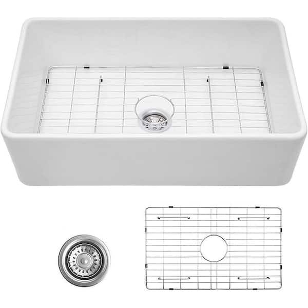 16 Gauge Ancient White Ceramic 33 in. x 20 in. Farmhouse Apron Front Bar Sink kitchen Sink with Grid and Strainer