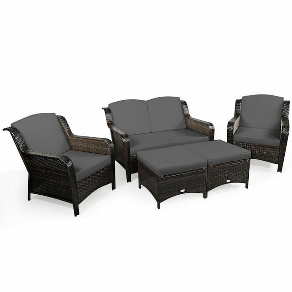 5-Piece Wicker Patio Conversation Set Patio Rattan Sofa Set with Gray Cushion and Ottoman