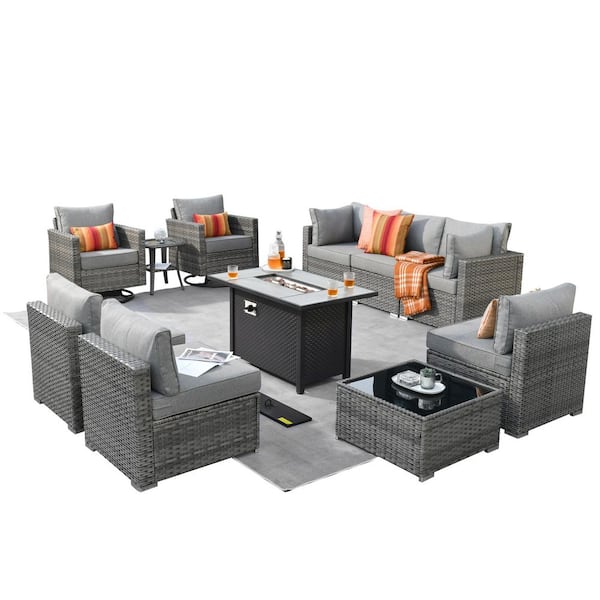 Sanibel Gray 11-Piece Wicker Patio Conversation Fire Pit Sectional Sofa Set with Swivel Chairs and Dark Gray Cushions