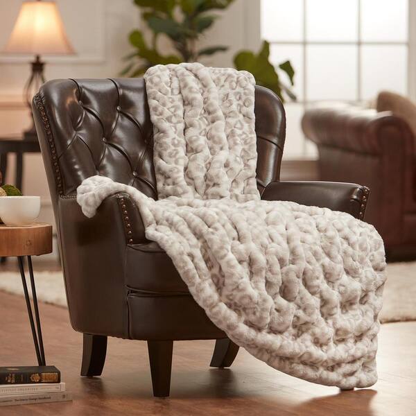 CHANASYA Ruched Silver Leopard Faux Fur Reversible Minky Throw Blanket, 50 x 65 Inches