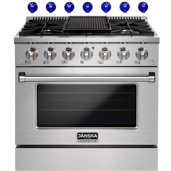 JANSKA 36 in. 5.2 cu. ft. Freestanding Dual Fuel Range with 6 Burners, Convection Oven, and Griddle in Stainless Steel