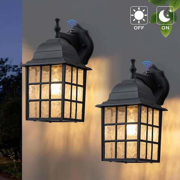 11.25 in. Black Dusk to Dawn Outdoor Hardwired Wall Lantern Sconce with Water Glass, No Bulbs Included (2-Pack)