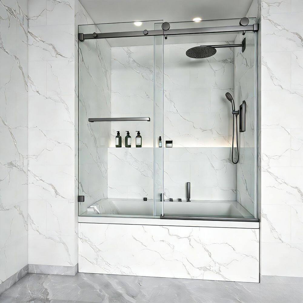 56-61 in. W x 66 in. H Single Sliding Frameless Tub Door in Gungray with 3/8 in. Clear SGCC Tempered Glass, 1-Towel Bar price history on PriceWatchPro