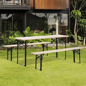 71.00 in. Natural Rectangle Steel Outdoor Folding Portable Picnic Table and Bench Set