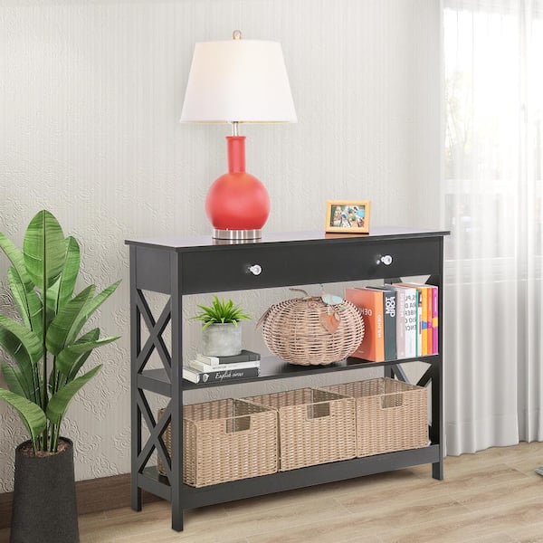 Maypex 39.4 in. W x 31.5 in H Black Painting Rectangle Manufactured Wood Console Table with Long Drawer and Shelves