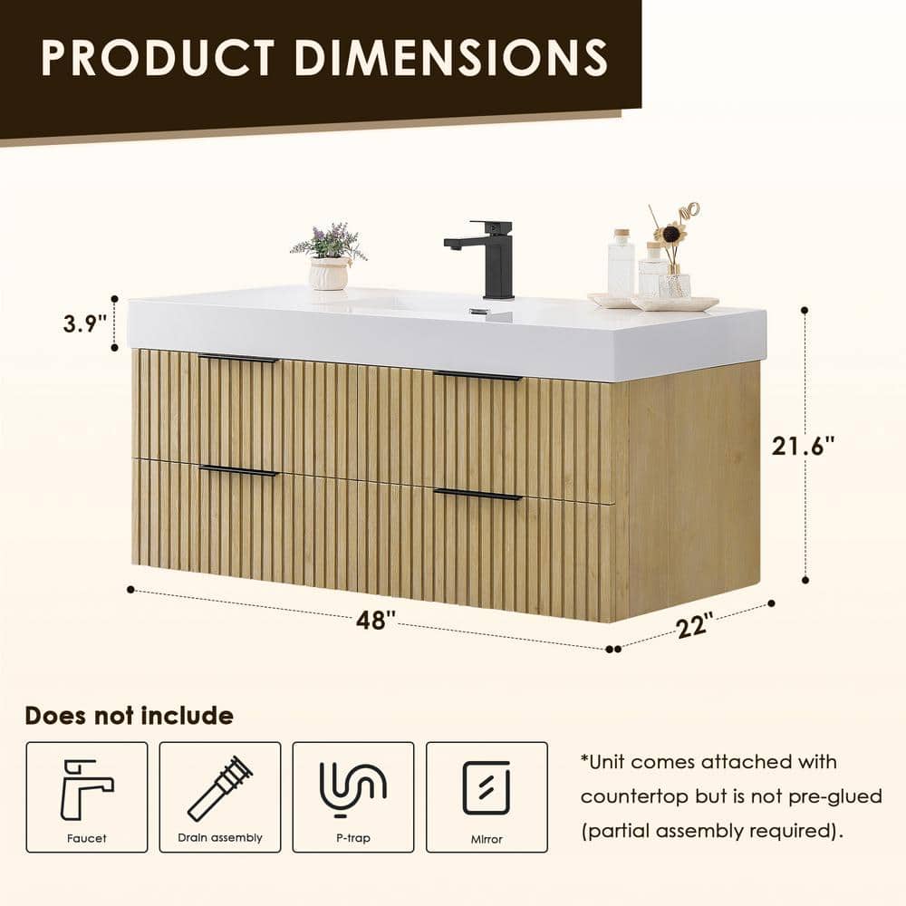 Livia 48" Nature Brown Fir Wood Wall-Mounted Vanity with White Sink