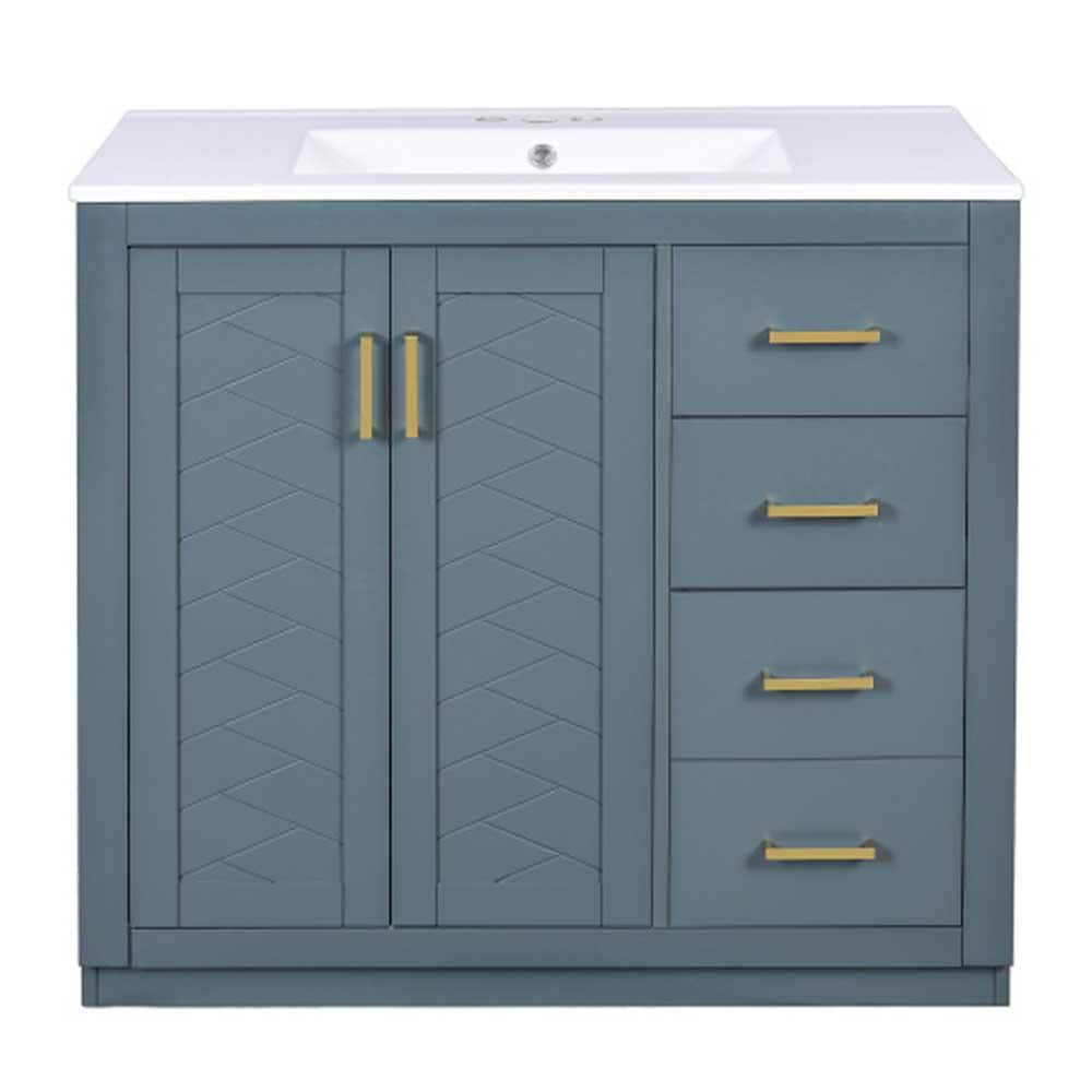 36 in. Blue Bath Vanity with White Ceramic Sink Top Combo, Freestanding Van