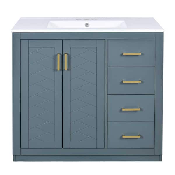 36 in. Blue Bath Vanity with White Ceramic Sink Top Combo, Freestanding Vanity Set with 3 Drawers & Soft Closing Doors