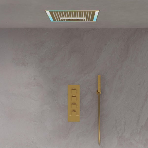 LED Shower System Kit 3-Spray Ceiling Mount 17 in. Fixed and Handheld Shower Head Bluetooth Music in Brushed Gold