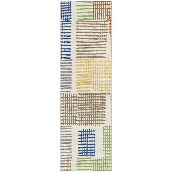 Mayfield Premium Machine Washable Abstract AMF1975 Putty 2 ft. x 7 ft. Runner Rug
