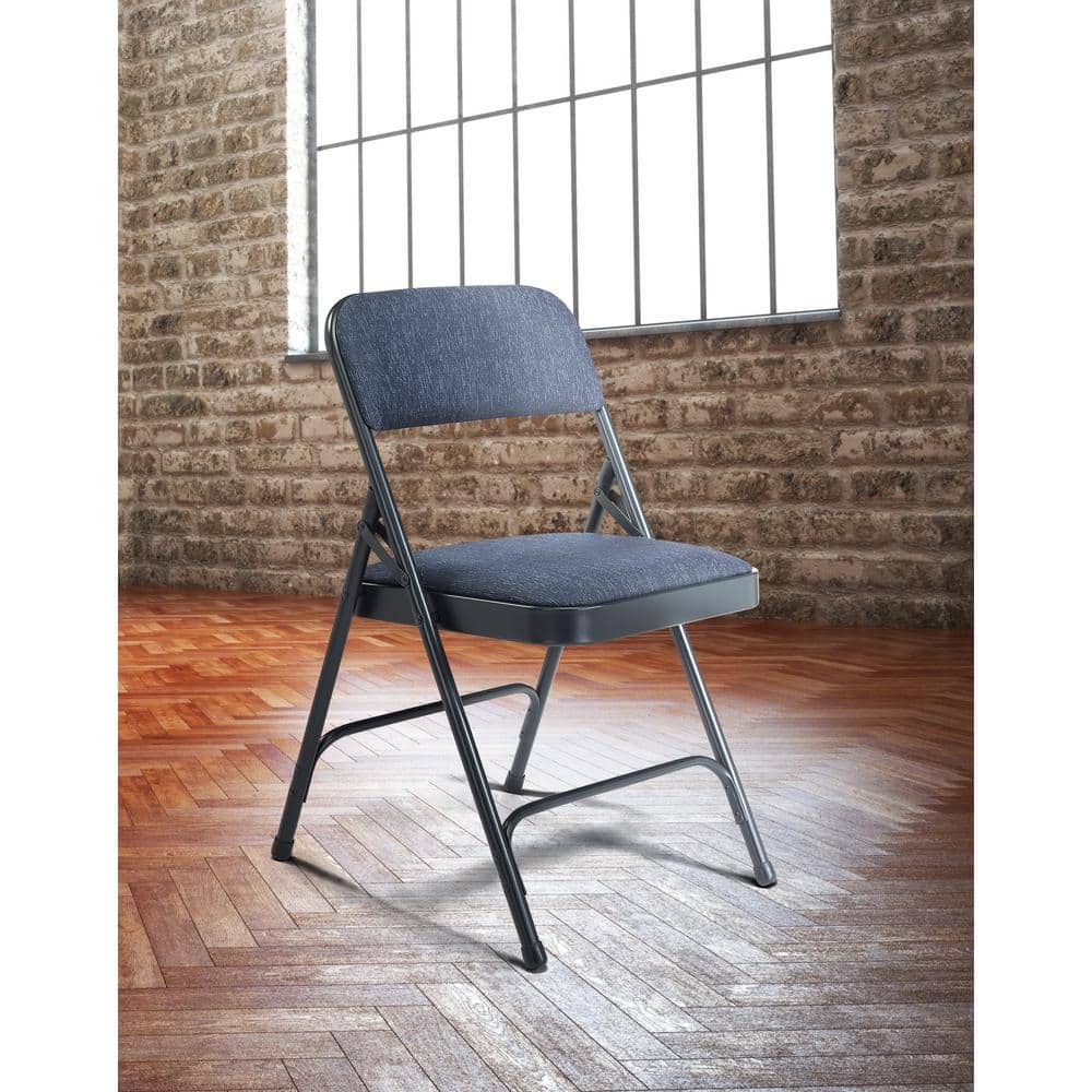 Blue Fabric Padded Armless Reception Chairs with Metal Frame, Set of 4
