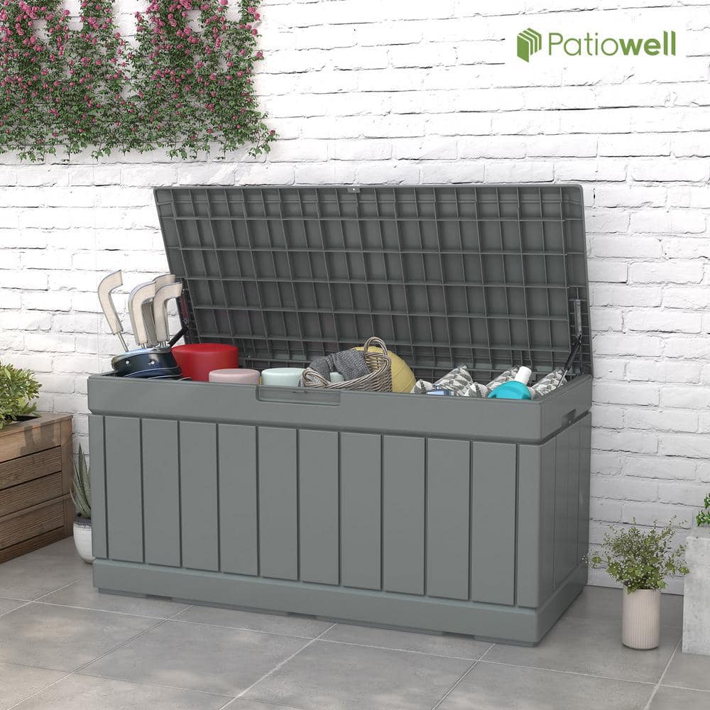Gray 90 Gallon Lockable Plastic Deck Storage Box