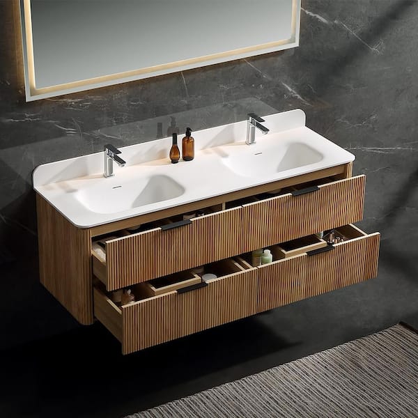 Wenlorin 60 in. Double Sinks Floating Oak Bath Vanity with White Acrylic Top Pre-Assembled
