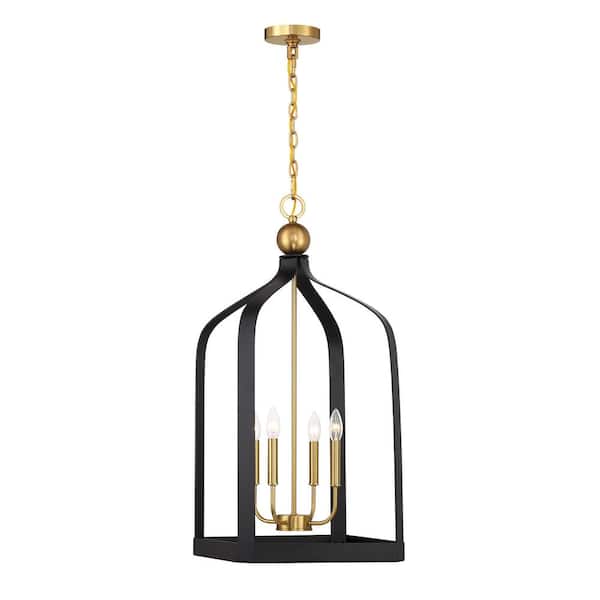 Sheffield 60-Watt 4-Light Matte Black with Warm Brass Accents Pendant Light, No Bulbs Included