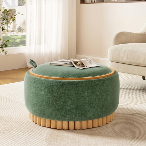 29 in. Green Boucle Fabric Round Storage Ottoman with Reversible Wood Lid, Modern Living Room Footrest/Coffee Table