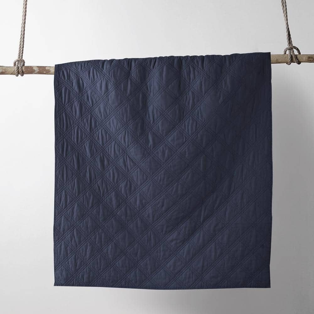 Navy Linen and Cotton Quilted Throw Blanket