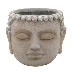 11 in. Gray Buddha Head Design Resin Planter with Round Opening
