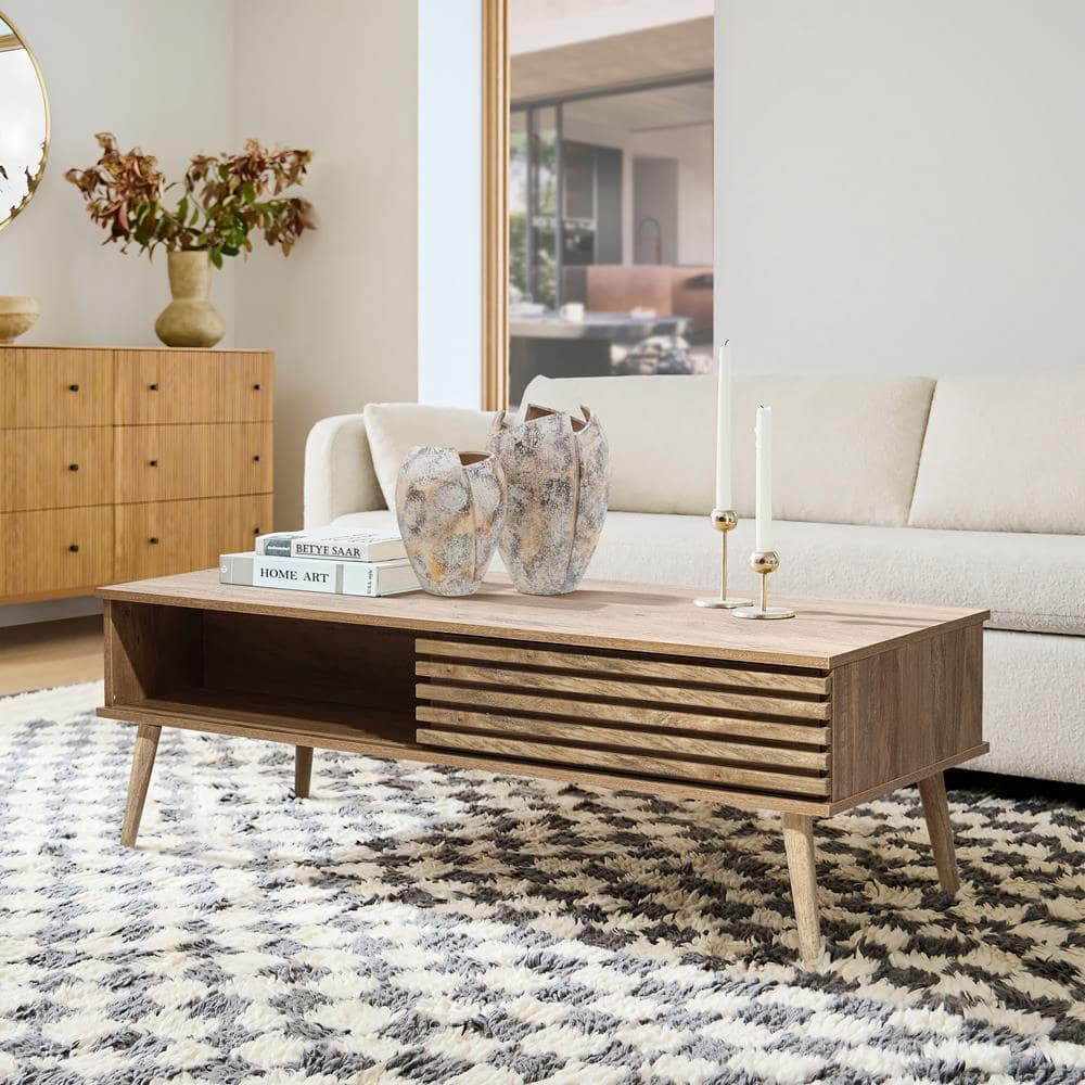 Mid-Century Modern Light Brown Wood Coffee Table with Storage