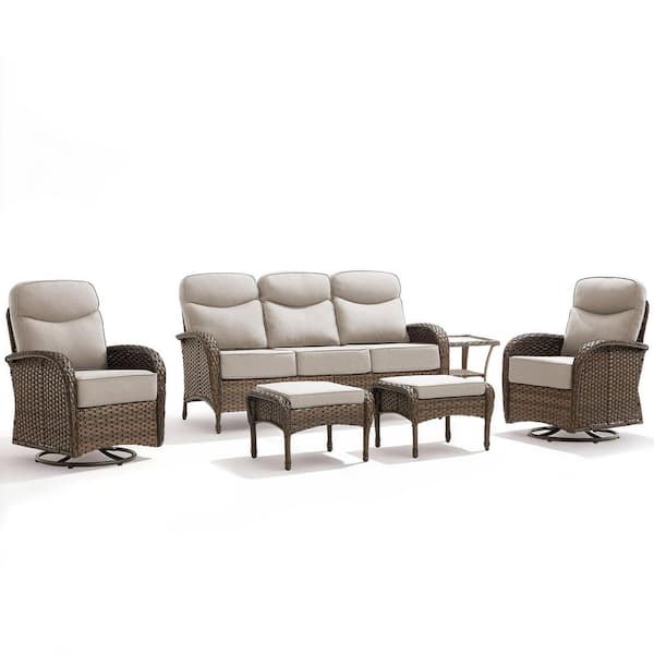 High Crescent 6-Piece Brown Wicker Patio Conversation Set with Beige Cushions