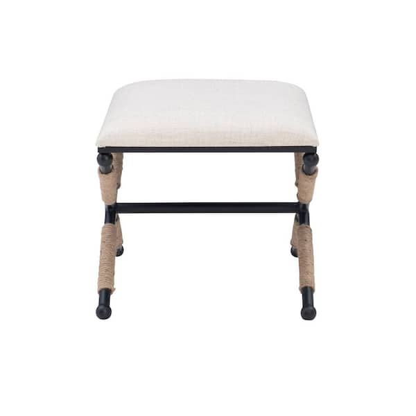 Nuddell Linen Upholstered Accent Stool with Black Metal Base and Rope Details