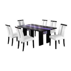 Timur 7-Piece Black Rectangular Dining Set with LED Lighting