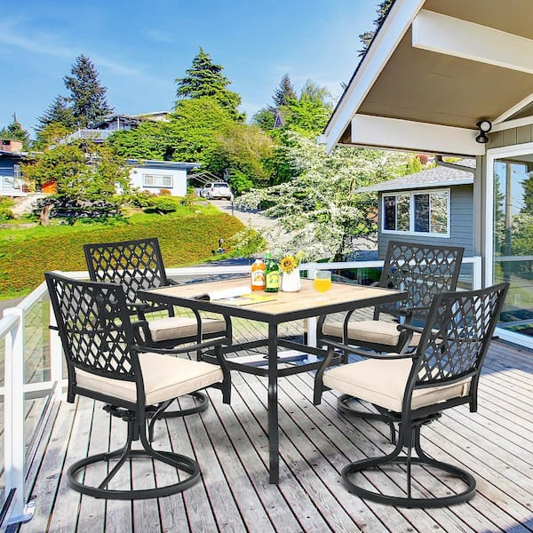 5-Piece Metal Square 29 in. Outdoor Dining Set Table 4 Swivel Chair Rocker with Beige Cushions