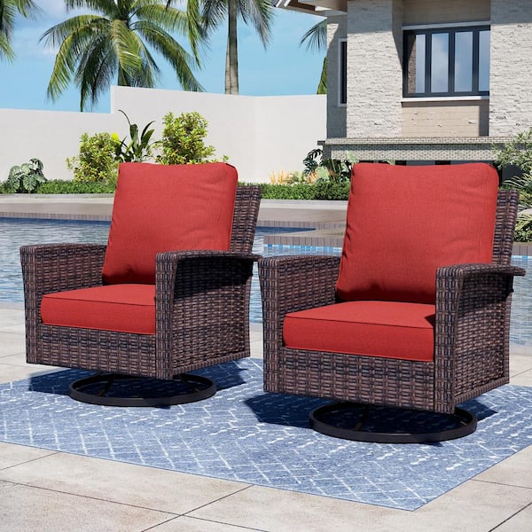 PHI VILLA Dark Brown High Back Swivel Wicker Outdoor Lounge Chair with 5.5 in. Thick Red Cushions (2-Pack)