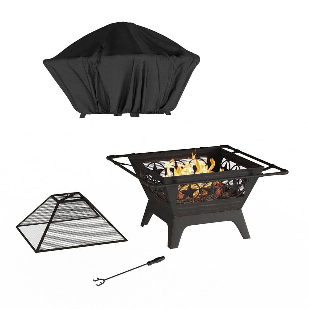 Pure Garden 32 in. W x 27 in. H Square Steel Wood Burning Outdoor Deep Fire  Pit in Black with Star Design HW1500259