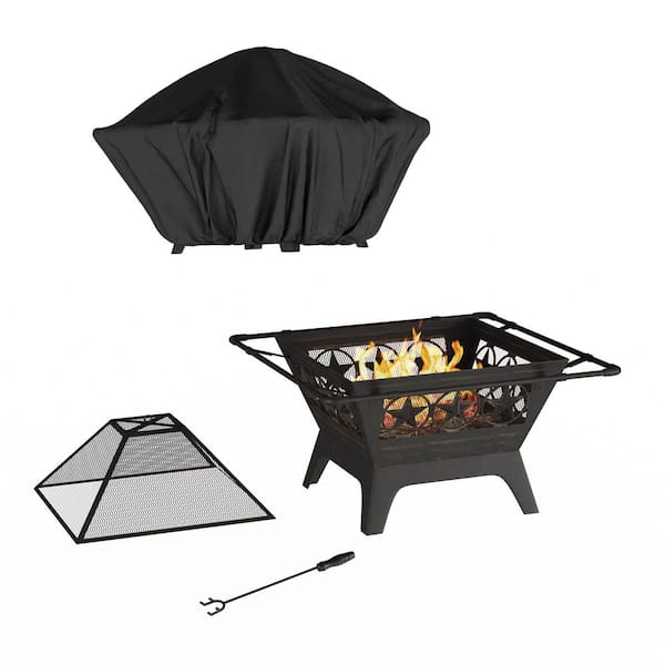 Pure Garden 32 in. W x 27 in. H Square Steel Wood Burning Outdoor Deep Fire Pit in Black with Star Design