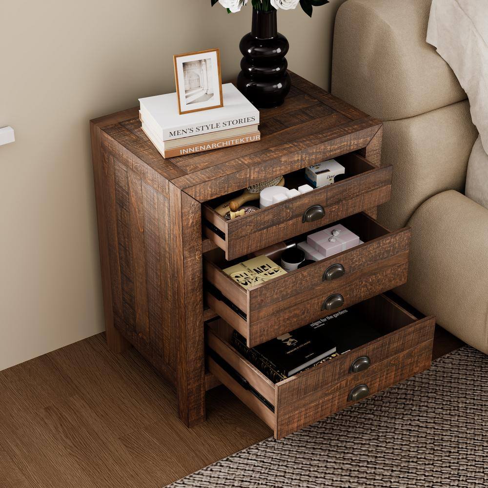Rustic Brown Solid Pine Wood 3-Drawer Nightstand with Cup Pulls