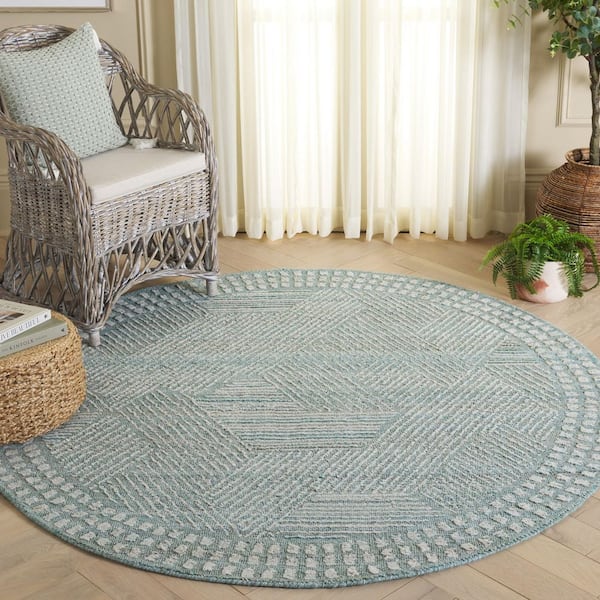 Marquee 6 ft. x 6 ft. Turquoise/Gray Chevron Border Round Area Rug