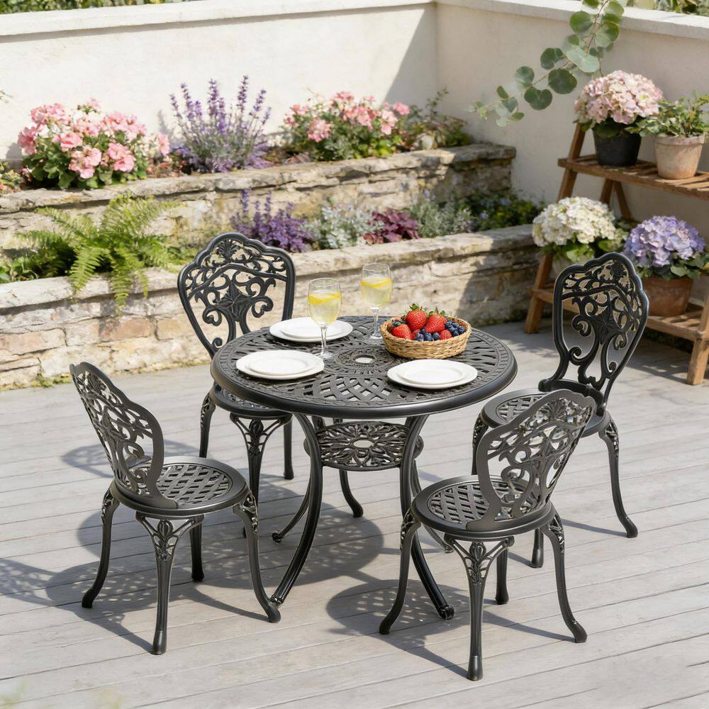 2 seat patio umbrella chair wrought iron Black 5-Piece Cast Aluminum Outdoor Dining Set, Weather-Resistant Patio  Furniture with Umbrella Hole BDS-0225