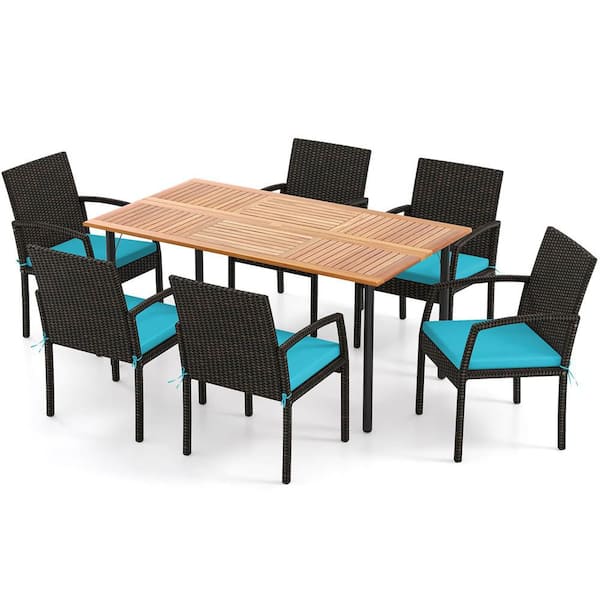 Costway 7-Piece Wicker Rectangular Outdoor Dining Set with Turquoise Cushions
