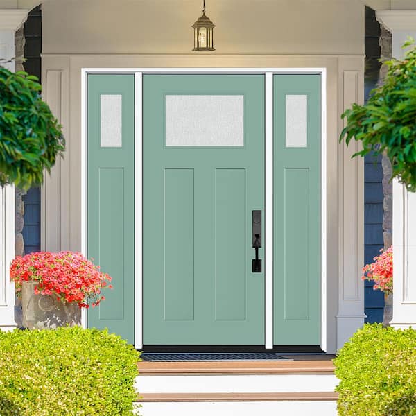 Legacy 64 in. x 80 in. 1/4 Toplite Rain Glass LHIS Primed Quarry Finish Fiberglass Prehung Front Door w/Dbl 12 in. SL