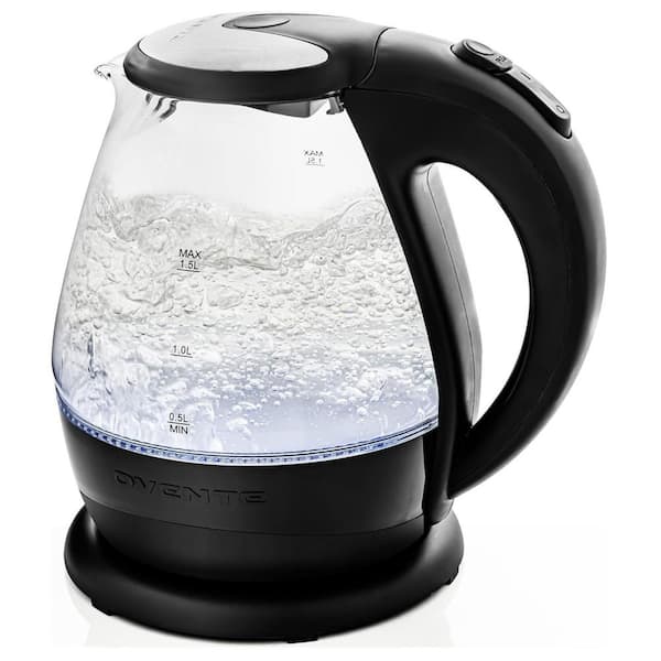 OVENTE 1.5 Lighted Electric Glass Kettle with Blue LED Light and Stainless Steel Lid, 7 Cup, Black KG845B