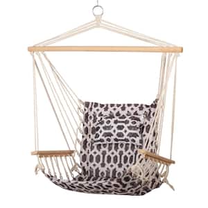 2.5 ft. Hammock Chair with Wooden Armrests in Grey/White Geometric