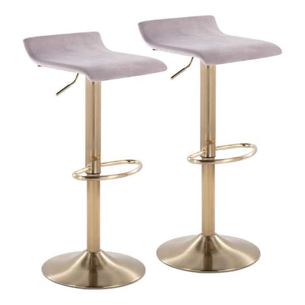 Lumisource Ale 34.75 in. Silver Velvet and Brushed Gold Metal Low Back Adjustable Bar Stool (Set of 2)