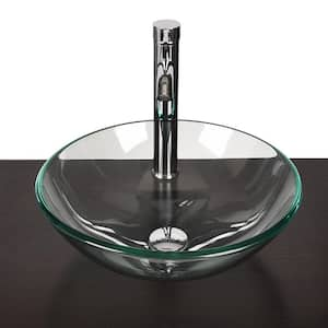 16.5 in. Glass Round Vessel Sink in Transparent with Faucet and Pop-up Drain