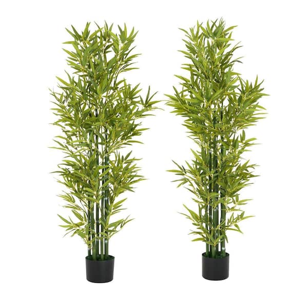 PRIMROSE CARNATION LLC Green 5 ft. Outdoor Indoor Artificial Faux Bamboo Tree 2-PC in Pot, Easy Maintenance No Assembly for Home Office Decor