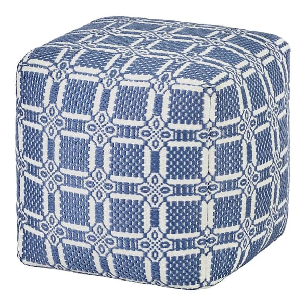 Blue and White Geometric Square Outdoor Pouf