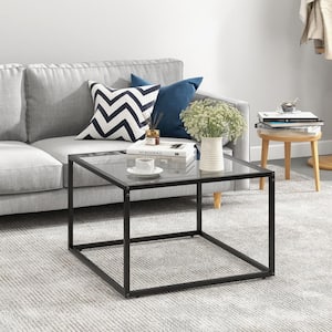 27.5 in. Black Square Metal Glass Coffee Table Modern Square Metal Frame Living Room Transparent and Black