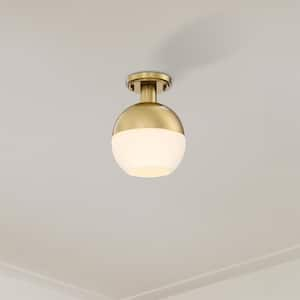 Linden 8 in. 1-Light Brushed Gold Mid-Century Modern Semi Flush Mount with Etched Opal Glass Shade for Bedrooms