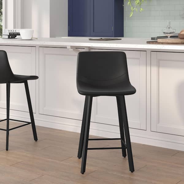 25 in. Black LeatherSoft/Black Low Iron Bar Stool with Leather/Faux Leather Seat