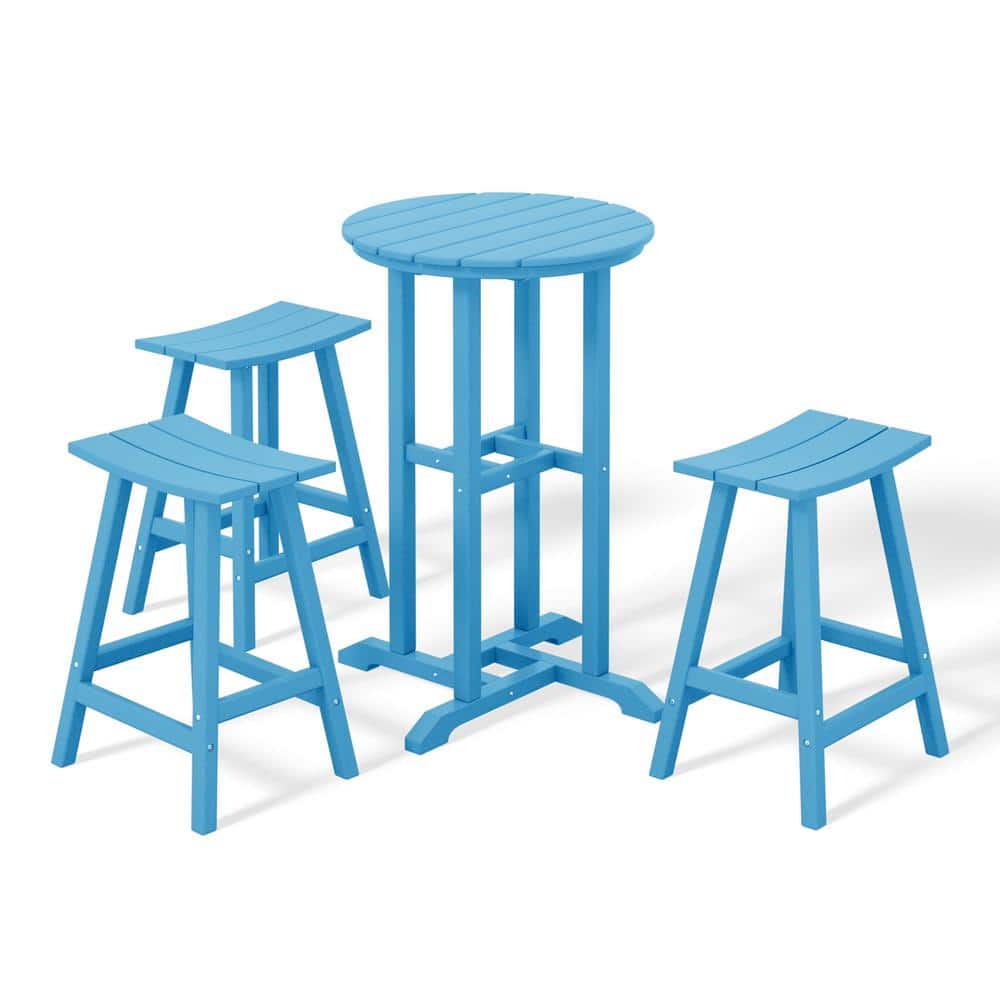 Laguna 4-Piece HDPE Weather Resistant Outdoor Patio Counter Height Bistro Set with Saddle Seat Barstools, Pacific Blue price history on PriceWatchPro