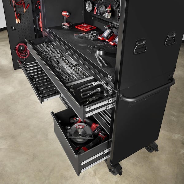Husky 62 in. W x 24 in. D Heavy-Duty 10-Drawer Mobile Workbench with Stainless Steel Work Top Combo Hutch in Matte Black