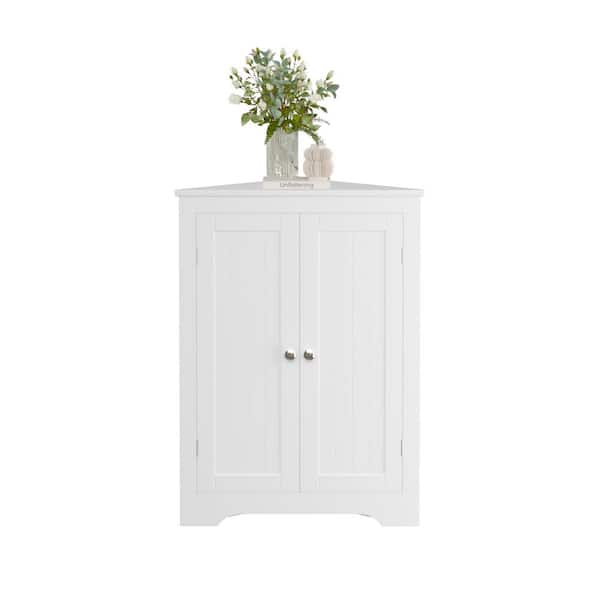 Modern White 31.89 in. Corner Accent Storage Cabinet with Adjustable Shelf and Beadboard Doors