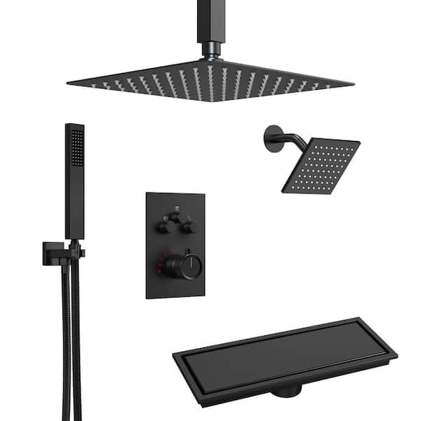 Triple Handles 7-Spray Multiple Press 12 in. Shower Faucet 2.5 GPM with Anti Scald in Matte Black with Shower Drain