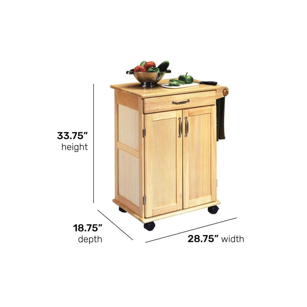 Natural Wood Rolling Kitchen Cart with Storage and Towel Bar