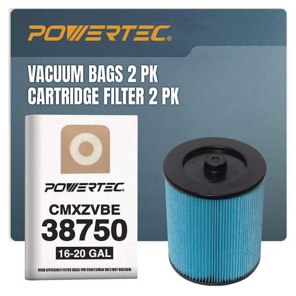 16-20 Gal. Filter Bag 2-Pack for Craftsman 38750 w/17816 Cartridge Filters 2-Pack for Most 5 Gal. & Above Wet/Dry Vacuum